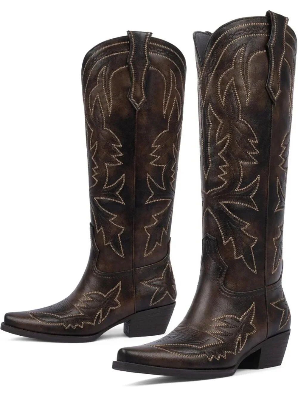 Women's Retro Brown Knee High Boots Embroidered Pull on Pointed Toe Chunky Heel